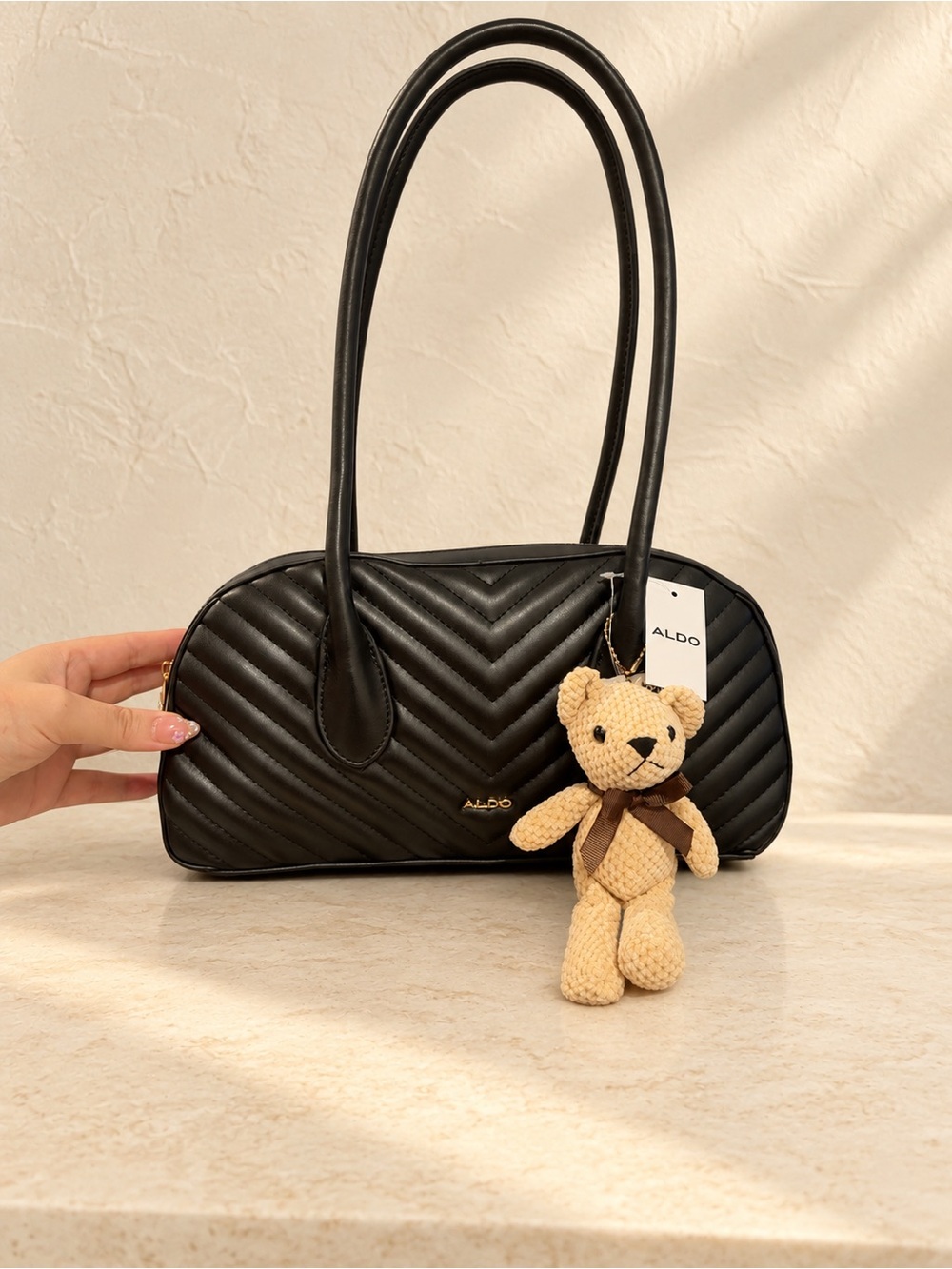 ALDO Black Chevron Quilted Satchel Shoulder Bag w/ Teddy Bear Charm NWT